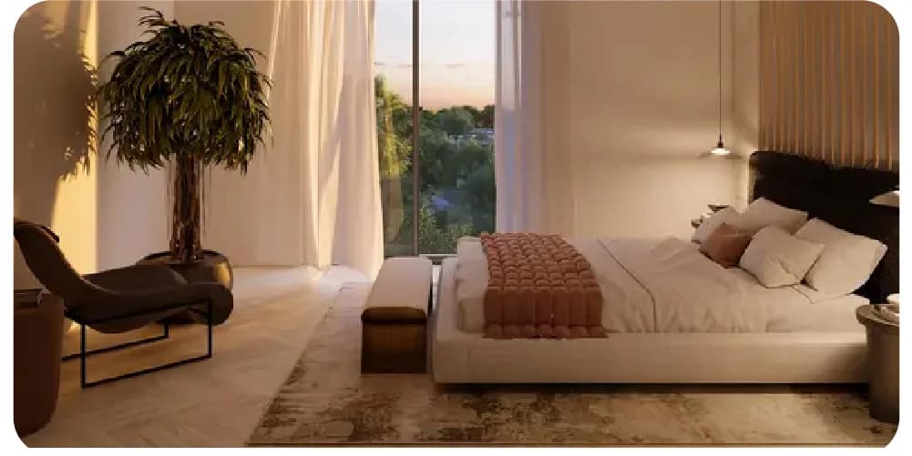 Elegant bedroom with large windows and soft lighting