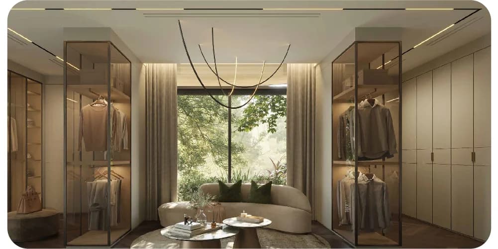 Stylish walk-in closet with modern design and lush view