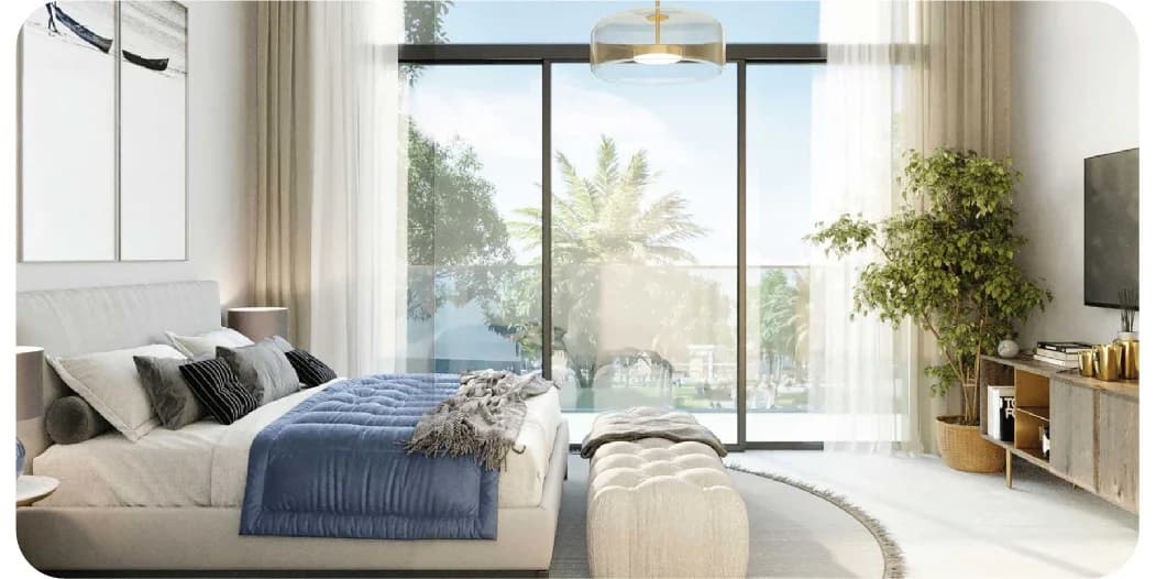 Bright modern bedroom with large windows and greenery