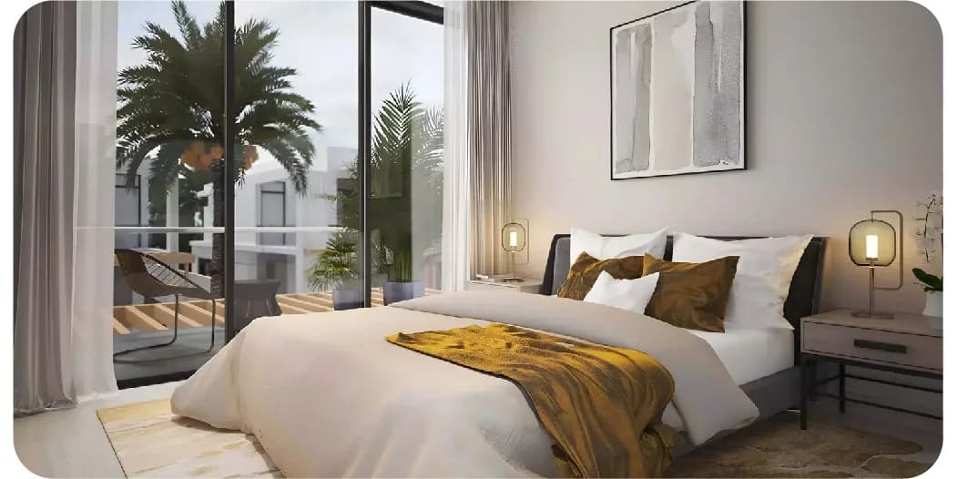 Stylish bedroom with balcony and palm view