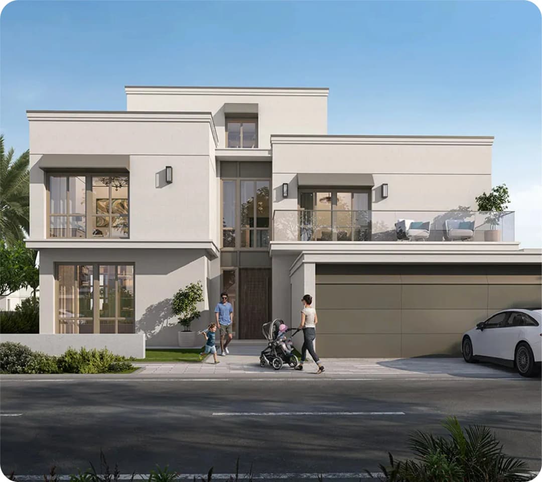 Luxury villas with water features and lush greenery