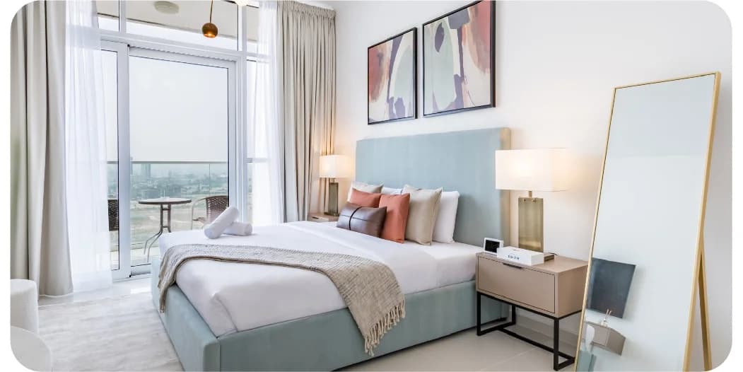 Stylish modern apartment with a cozy bedroom and artistic decor