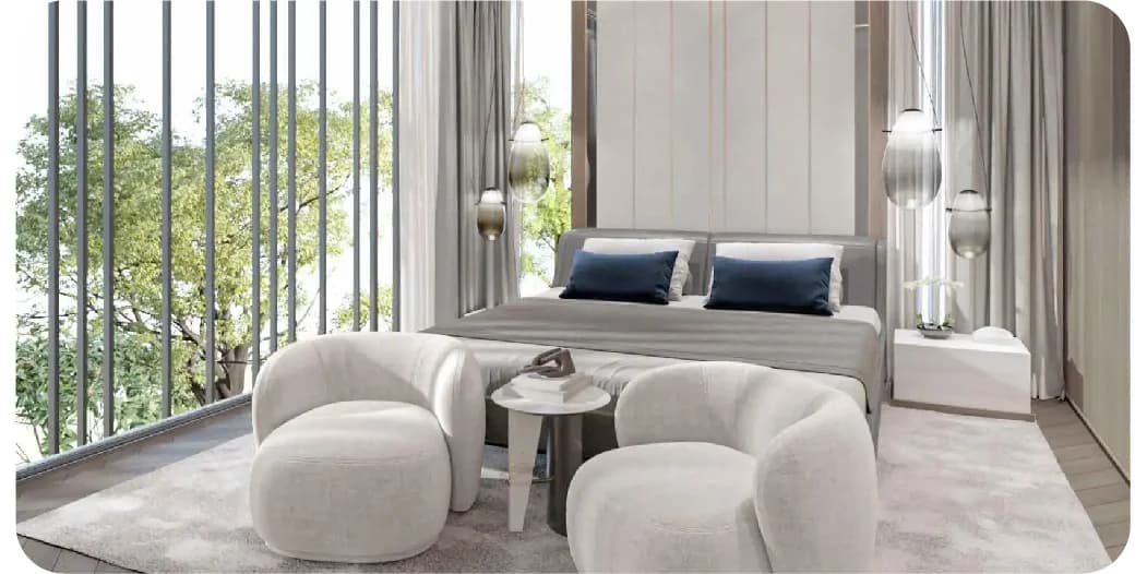 Stylish living room with contemporary furniture and large windows