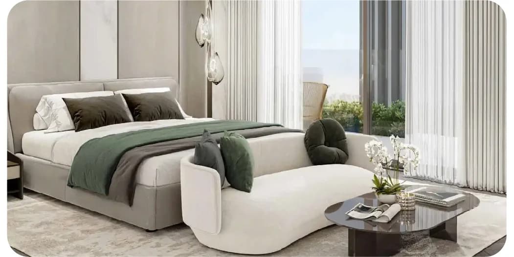 Luxurious bedroom with a chic design, elegant lighting, and stunning view