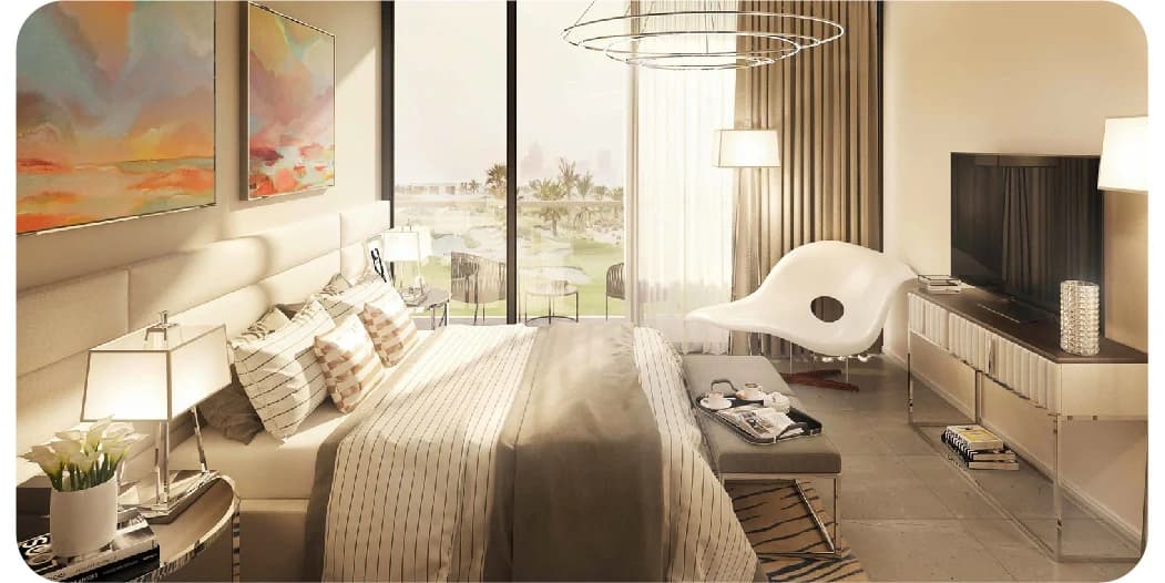 Opulent living room with large windows and modern lighting