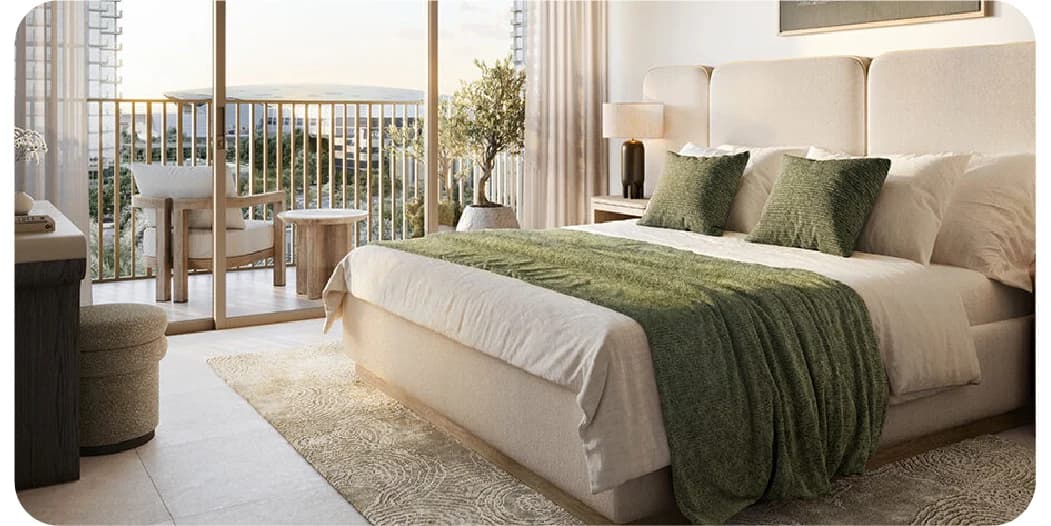 Person by window in modern bedroom with city view