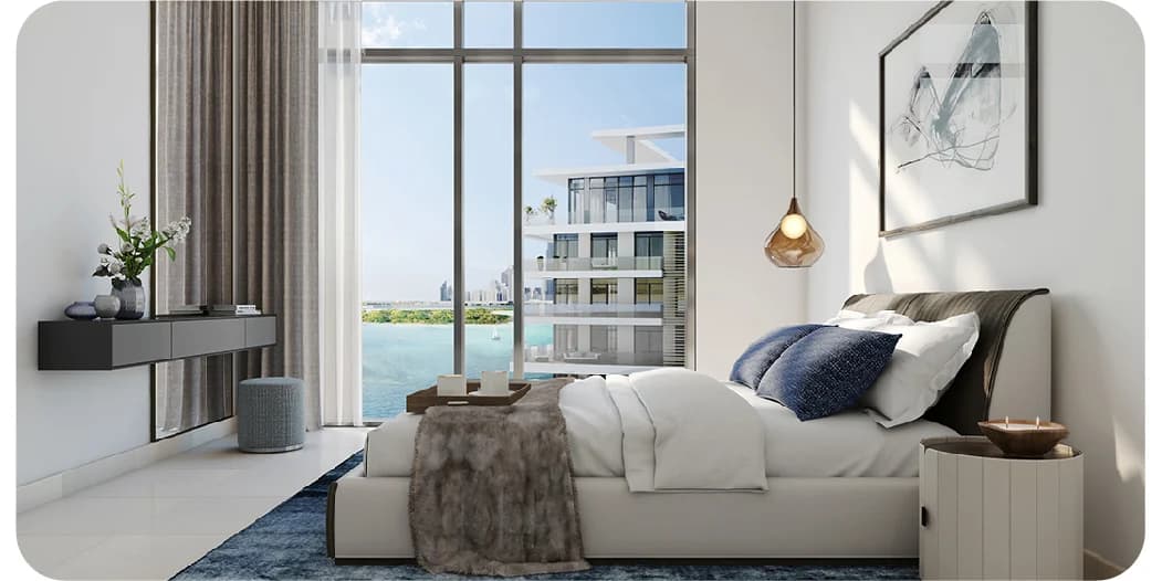 Modern living room with high ceilings and curved couch