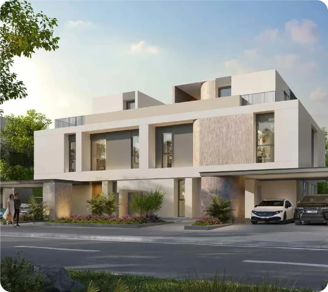 Modern multi-story house with cars and people