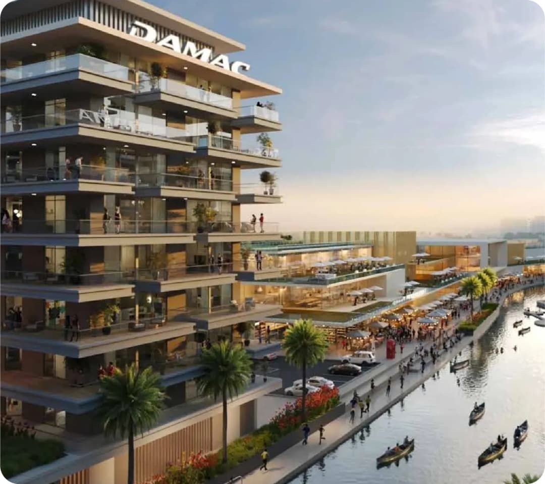Elegant waterfront residential complex with a bustling promenade