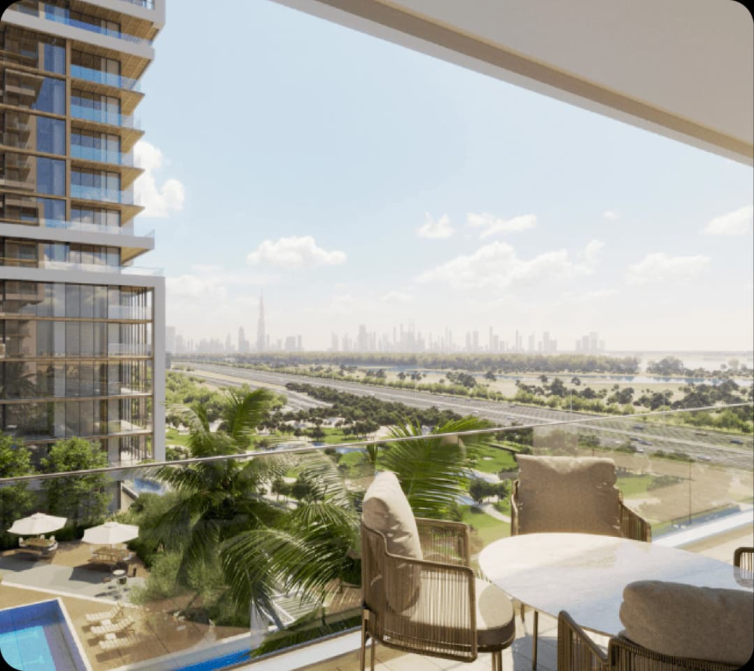 Balcony view overlooking city skyline and greenery
