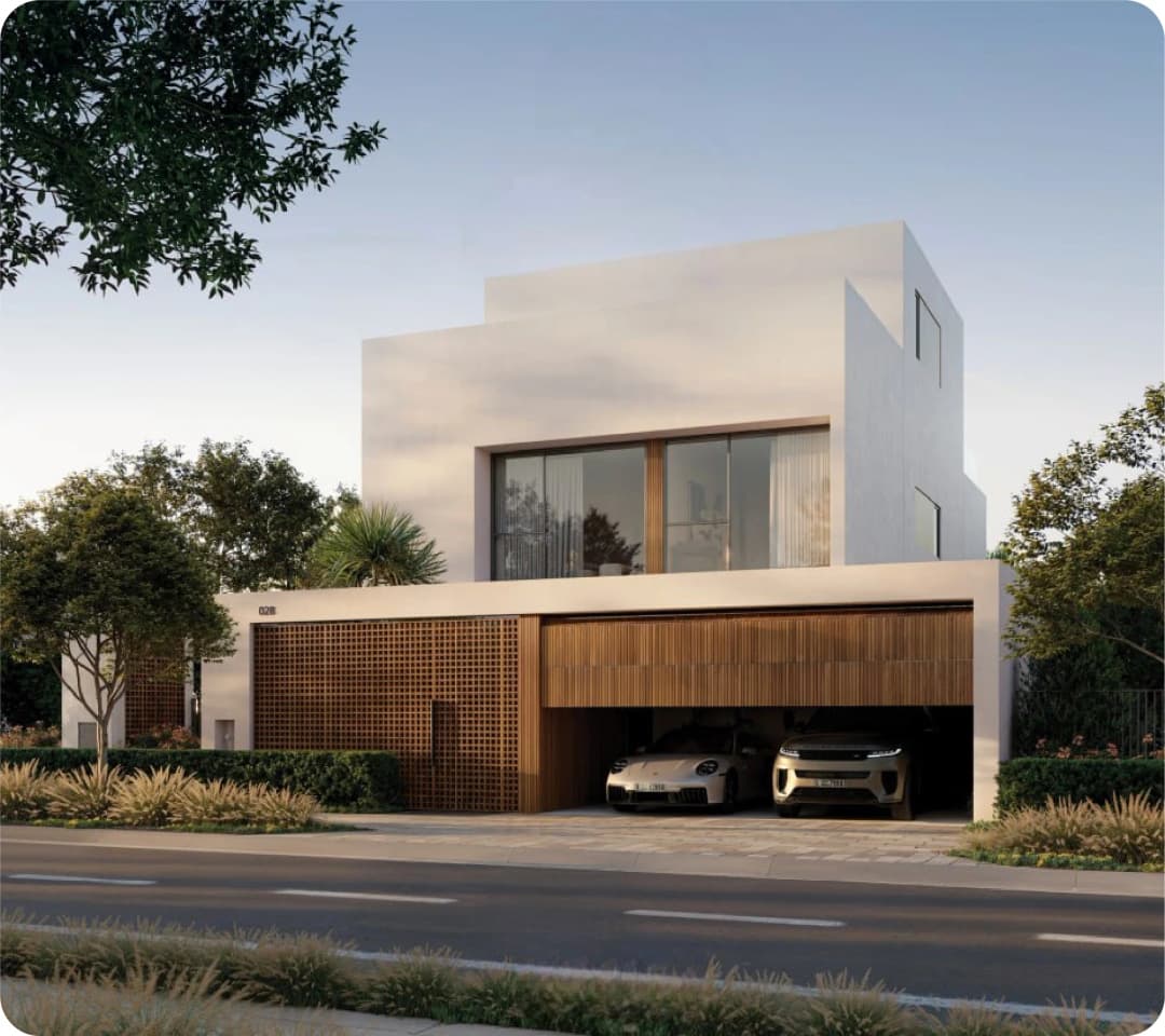 Contemporary white villa with a wooden garage and greenery