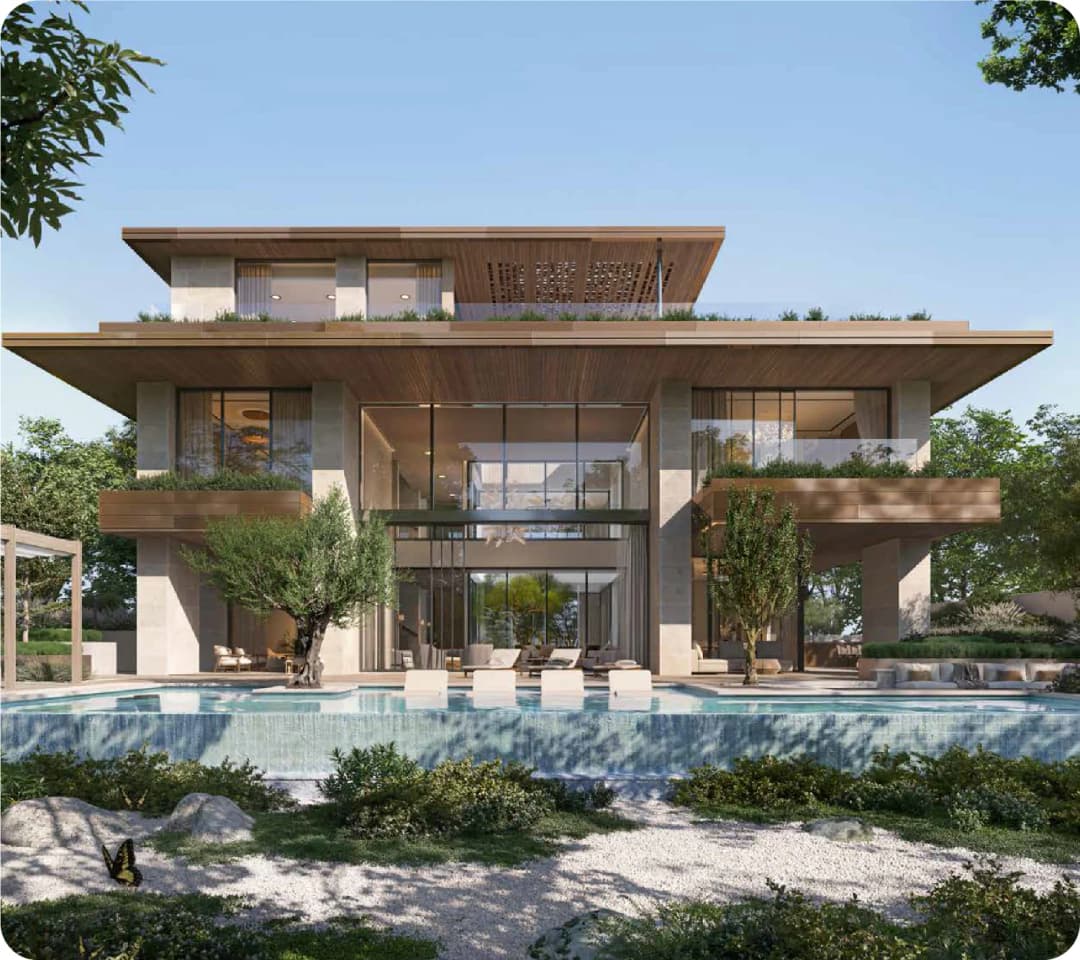Modern villa with pool and lush garden landscaping