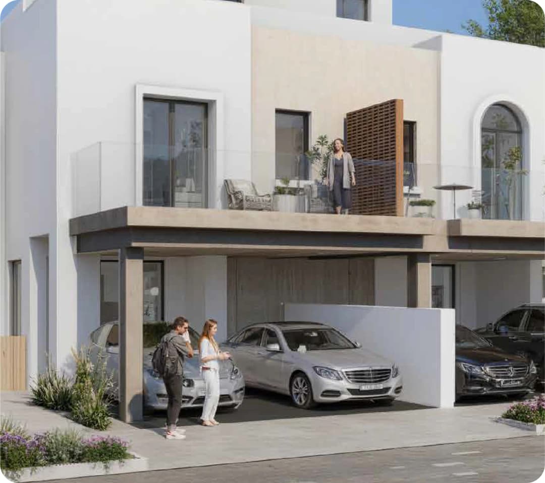 Modern townhouse with balcony and two luxury cars parked