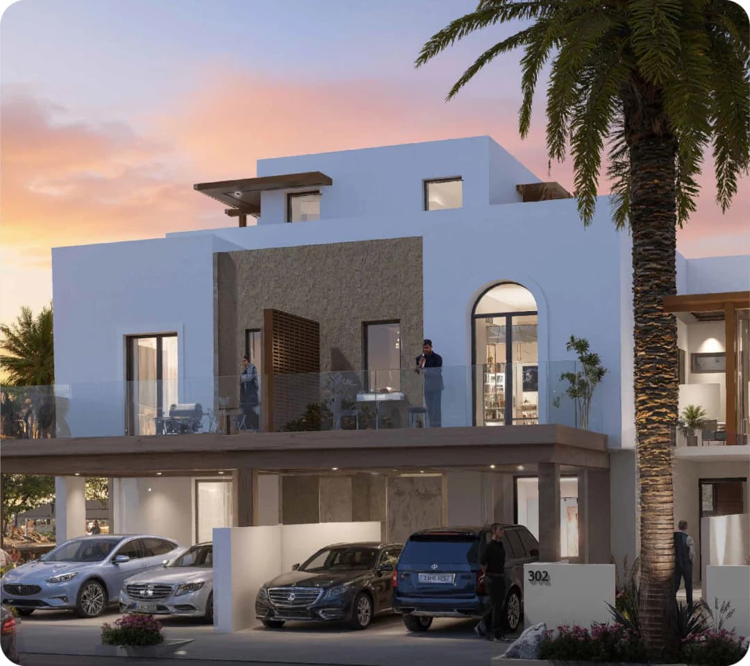 Modern villa with balcony, luxury cars, and sunset view