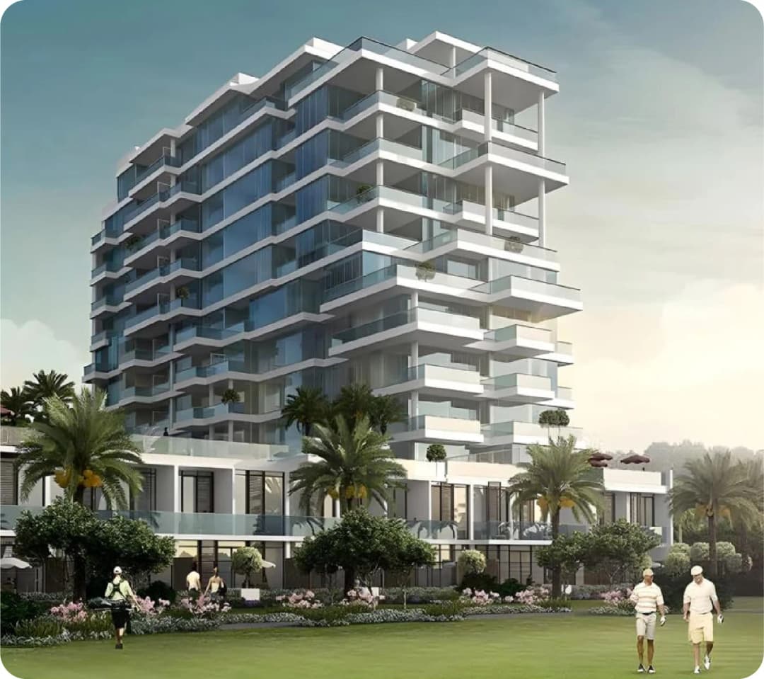 Aerial view of DAMAC property with pool and amenities