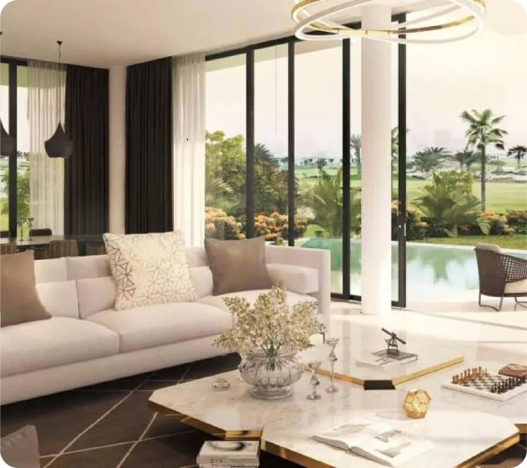 Modern residential complex with multiple buildings and a golf course view