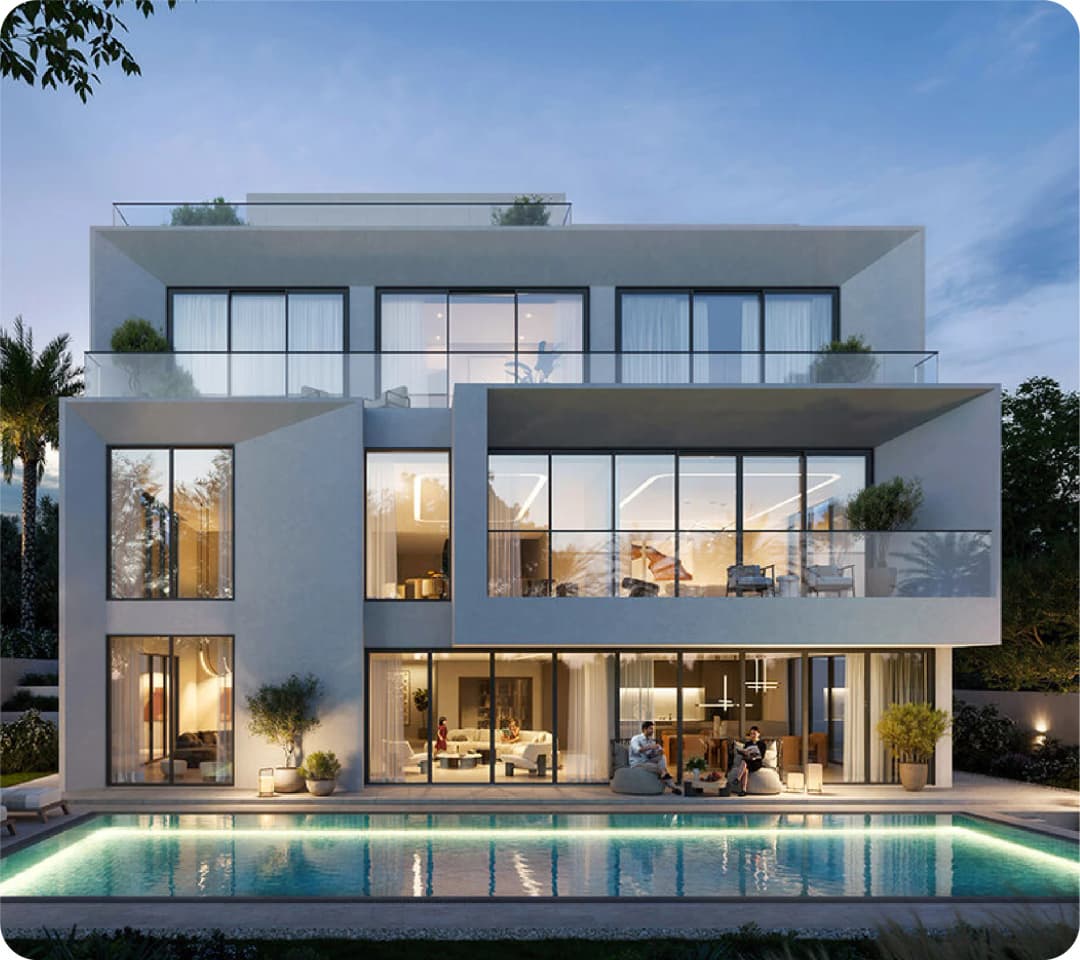 Modern homes with gardens and scenic waterfront views
