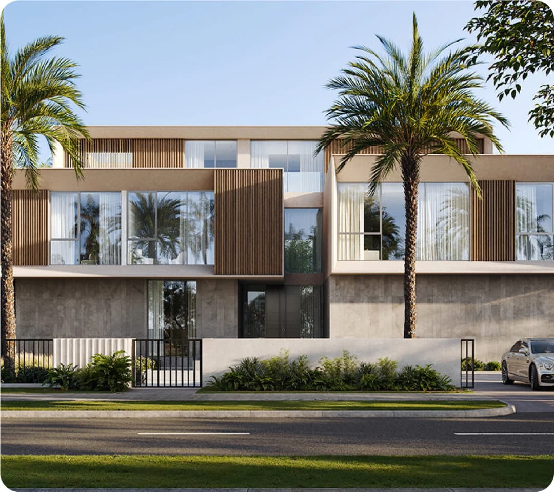Scenic aerial view of modern villas with crystal lagoon