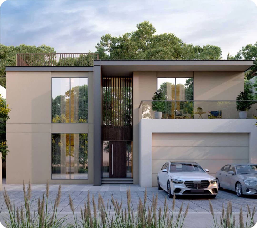 Modern villas with lush greenery and a scenic waterfront