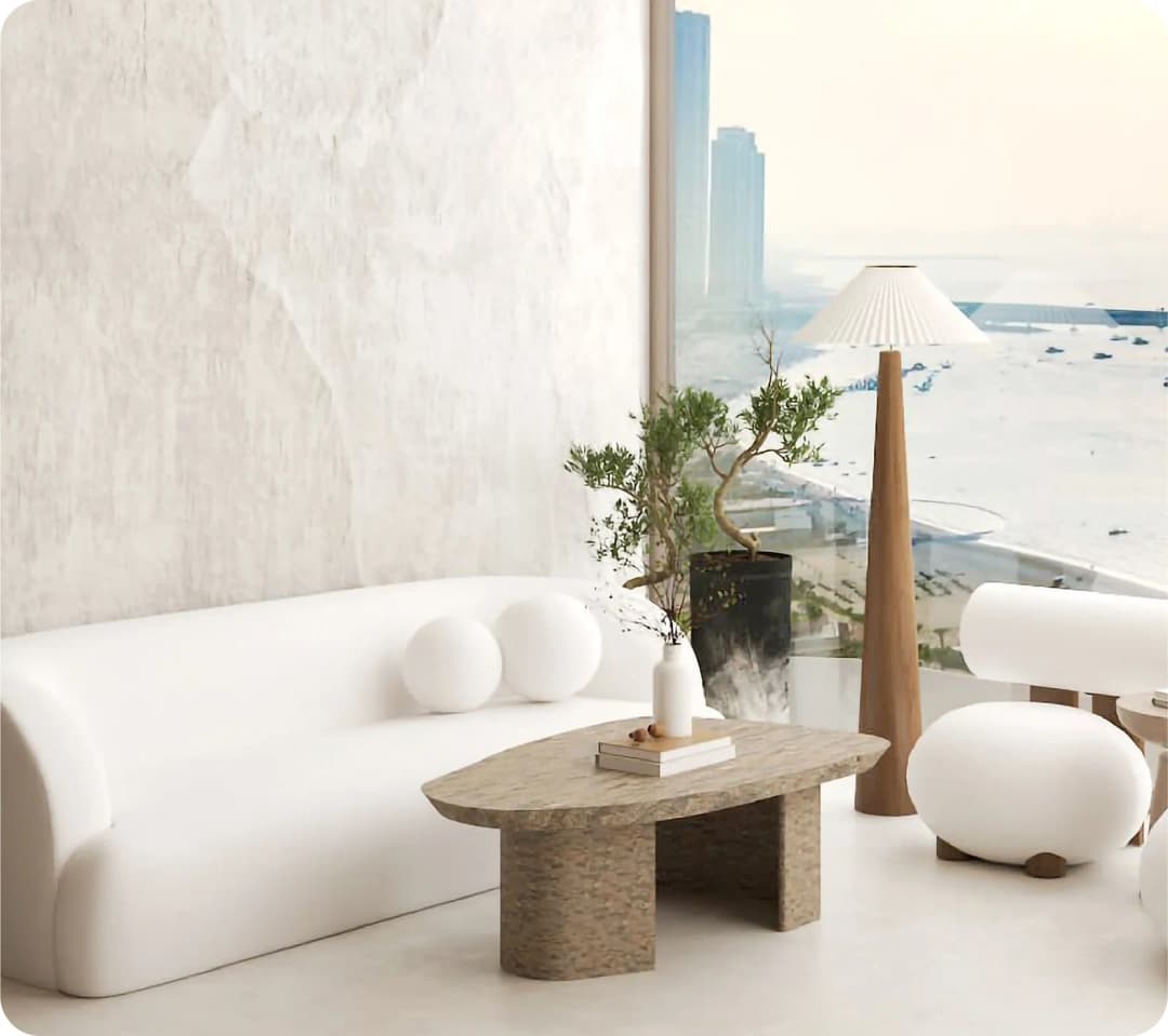 A serene coastal view with luxurious waterfront apartments