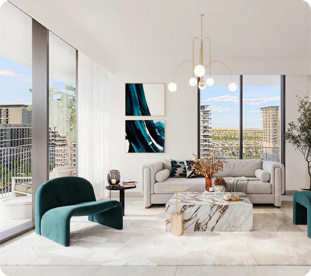 Contemporary residential complex with green area and urban views