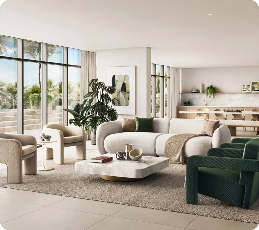 Luxurious residential buildings with palm trees and gardens