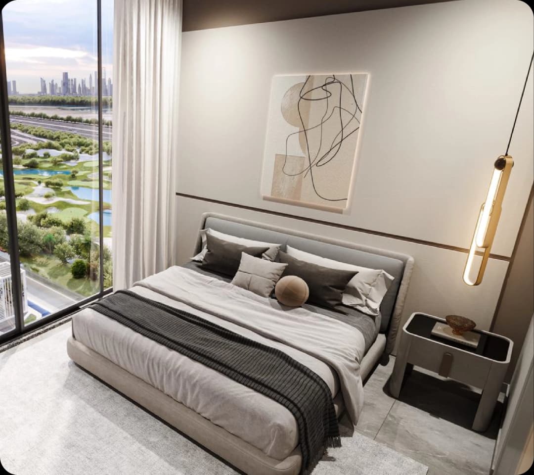 Modern bedroom with city and golf course views