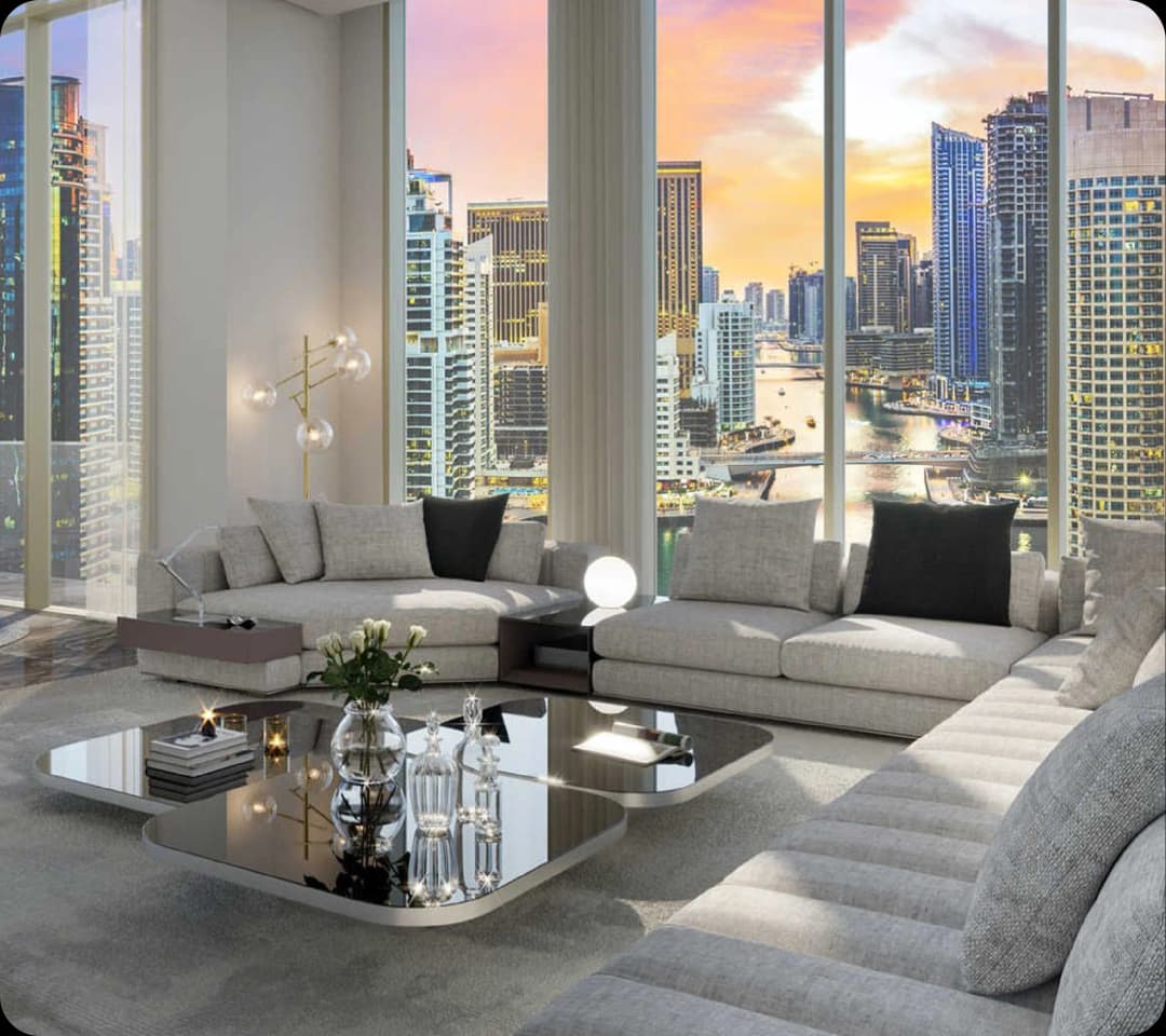 Modern living room with Dubai Marina sunset view