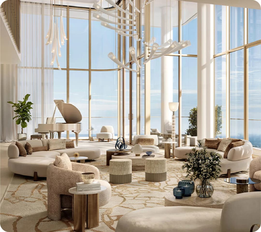 Modern living room with large windows and staircase