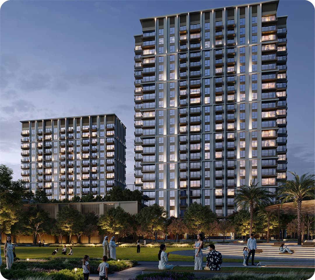 Modern towers with curved balconies and beach view