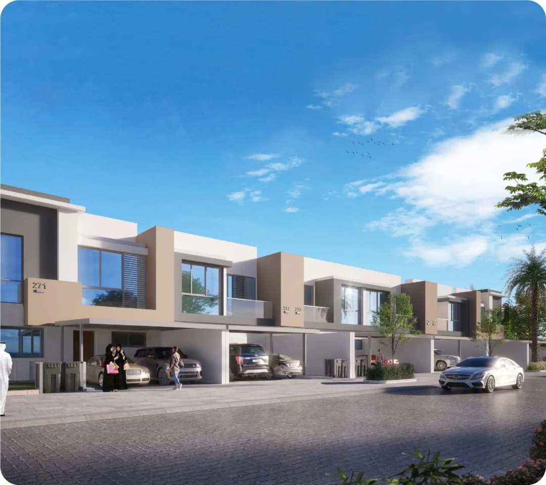Row of modern townhouses with carports