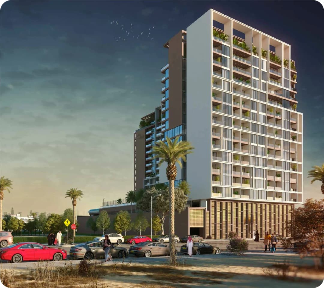 Modern residential tower with palm trees and parking area