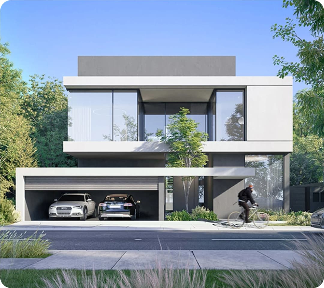 Modern villa with glass windows and two-car garage