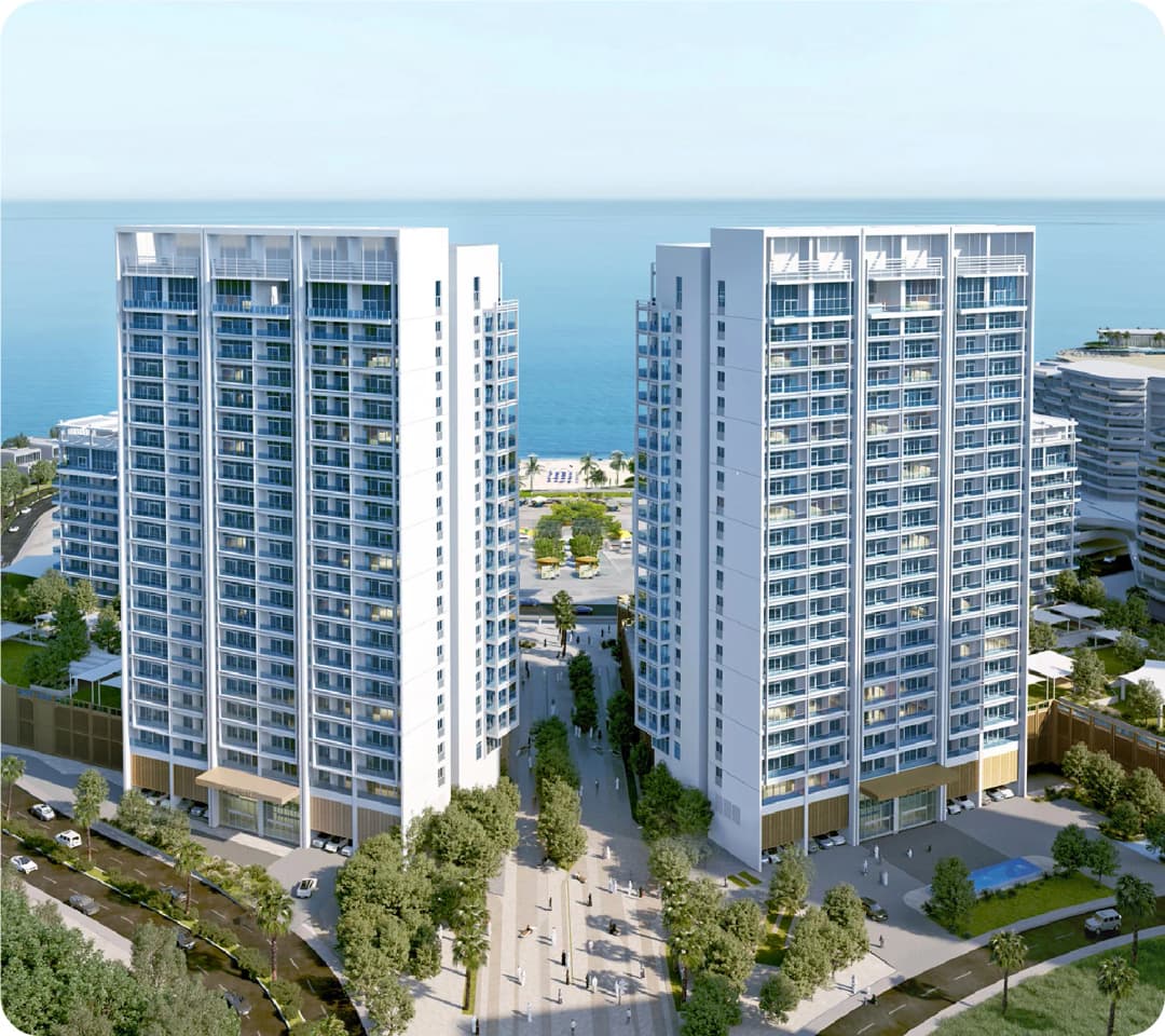 Aerial view of modern towers in Dubai Land Residence Complex