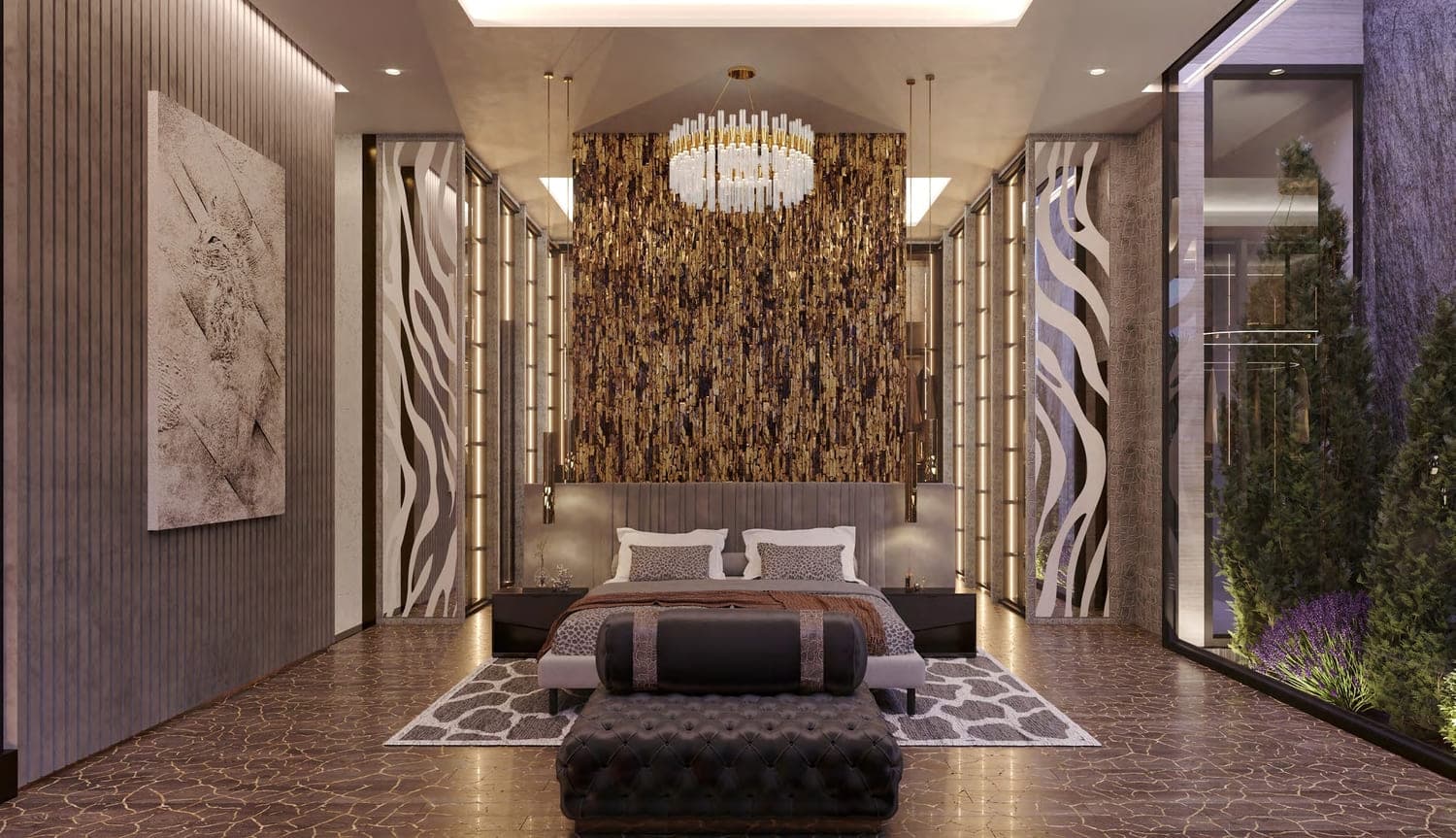 Luxury bedroom with chandelier, modern decor, and warm tones