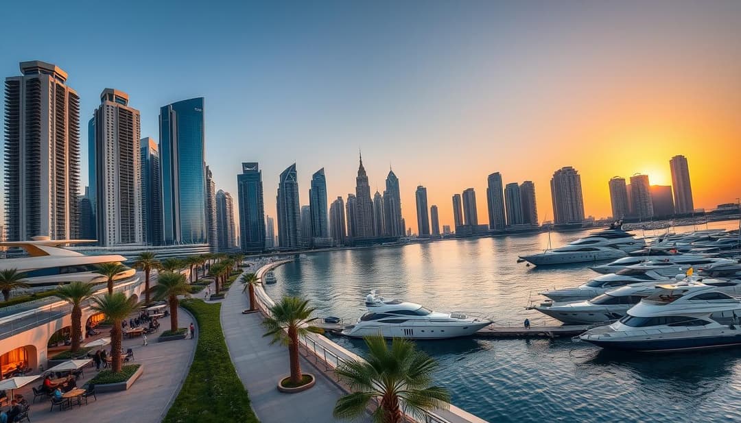 Dubai Marina with yachts and towering skyline at sunset