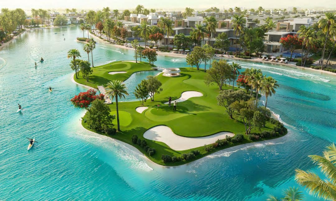Luxury island golf course surrounded by turquoise waters