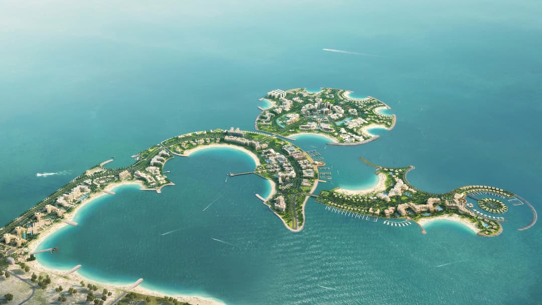 Aerial view of three artificial islands
