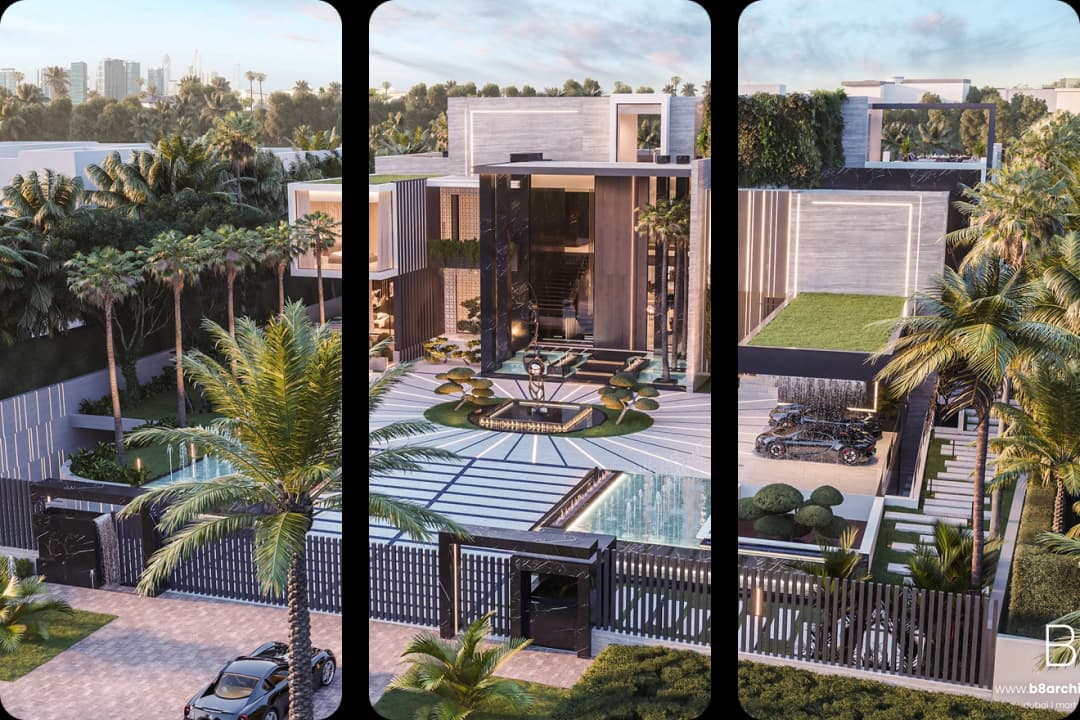 Modern luxury mansion with palm trees and sleek design