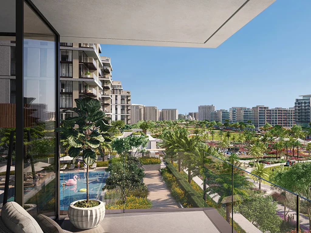 Balcony view of residential building with lush garden and pool