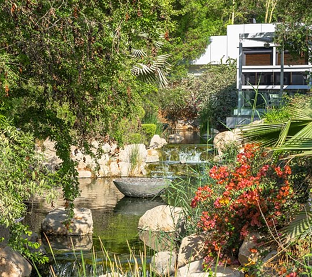 Lush garden with waterfall, rocks, and flowers