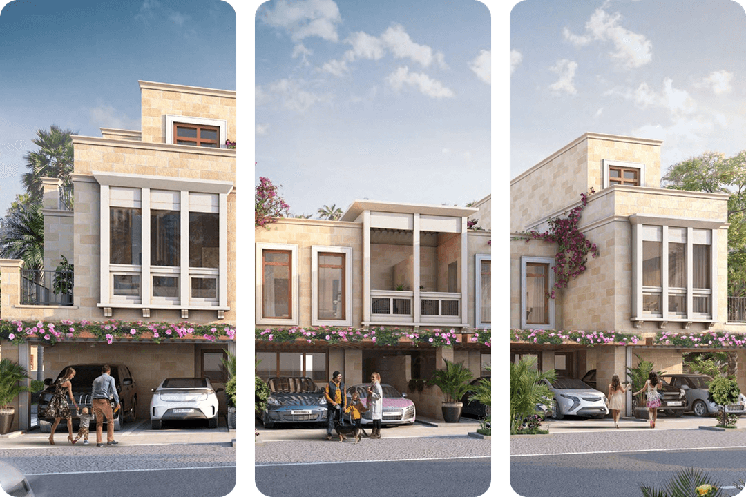 Modern building with family walking, flowers, and greenery