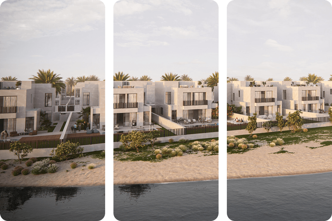 Modern waterfront villas in a sunny, serene setting