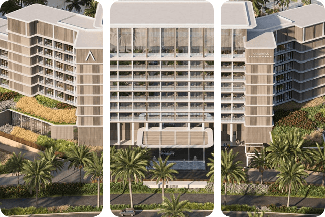 Modern beachfront resort with palm trees