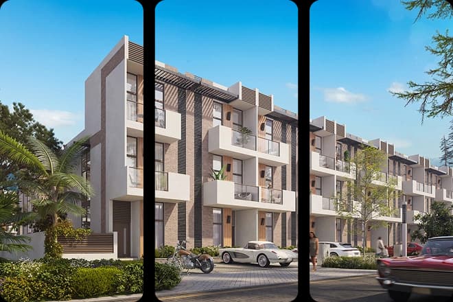 Stylish townhouses with cars on the street and landscaped surroundings