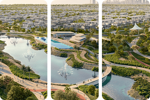 Aerial view of a community with pools, fountains, and parks