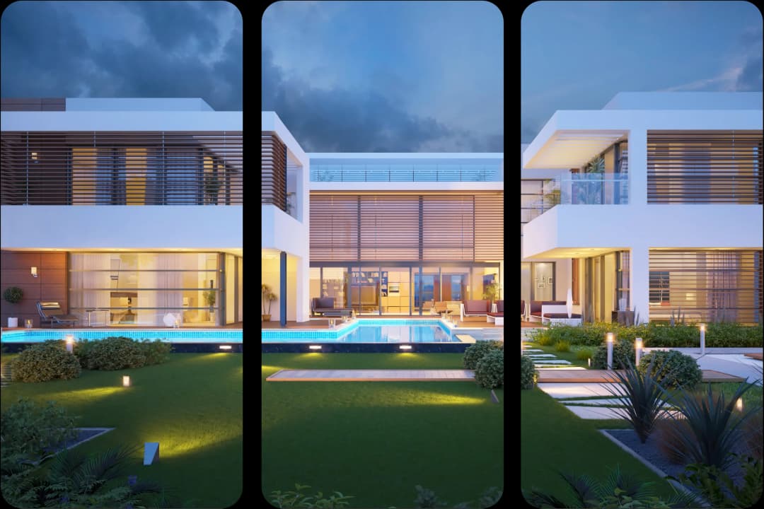 Modern villas with a shared pool at twilight