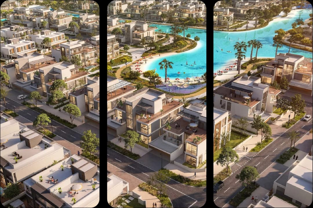 Aerial view of a modern residential area by a lake