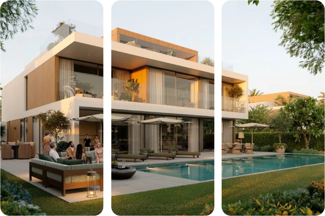 Modern house with pool and people gathered outside