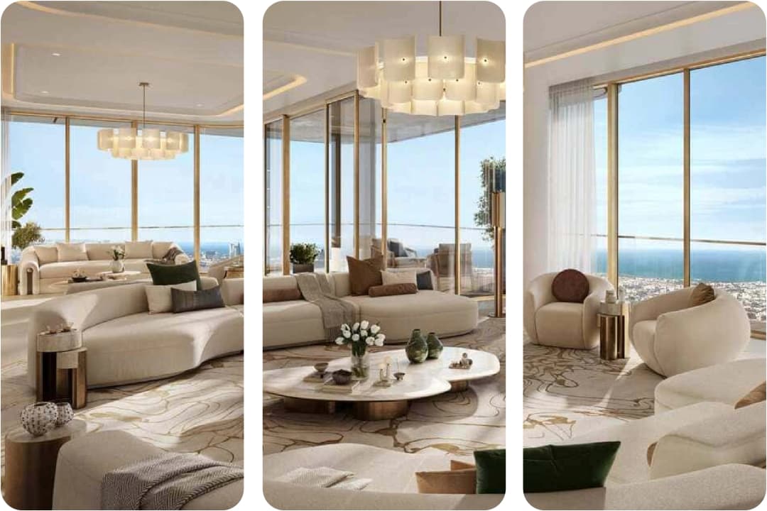 Elegant living room with panoramic city and ocean view